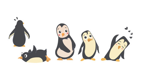 Obraz premium Penguin cartoon in different style,Made by human,Vector illustration set,Antarctic animal in different poses set,Cute baby penguin. 