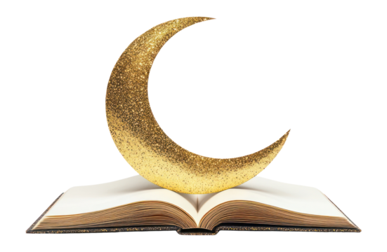 PNG Crescent moon Ramadan floating book gold publication.