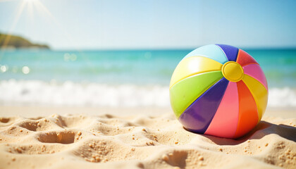 Obraz premium Vibrant beach ball on golden sand with ocean view, summer joy