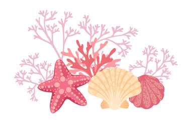 Colorful Marine Life An Illustration Featuring Coral, Shells, and Starfish in Nature Vector illustration on white background