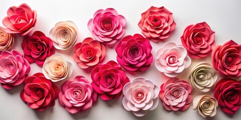 Obraz premium Vibrant paper roses in various shades of pink and red adorn a plain white backdrop, creating a pop of color against a neutral background , blossom, print