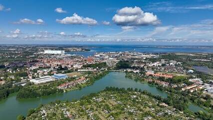 Obraz premium Hanseatic city of Wismar in Germany from the air in summer