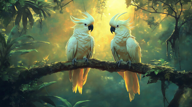 two white parrots sitting on a branch facing together.
