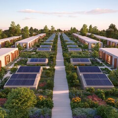 A serene landscape featuring eco-friendly homes with solar panels, surrounded by lush greenery and organized pathways.