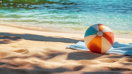 A beach ball is sitting on a towel on the sand