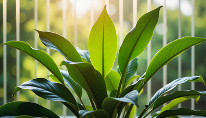 Vibrant green plant through ribbed glass, serene natural beauty