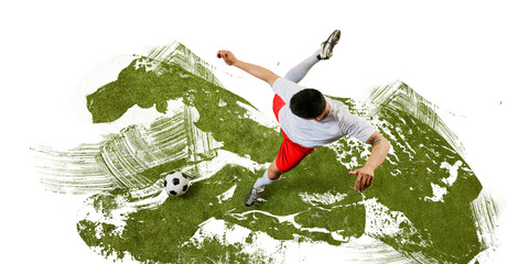 Modern art design. Male soccer player, bombardier, in uniform performing kick in motion, body fully extended against green brushstroke background. Top view. Concept of sport, movement, hobby. Ad