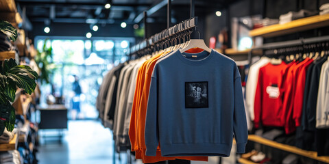 modern clothing store with colorful sweatshirts on display, creating stylish atmosphere