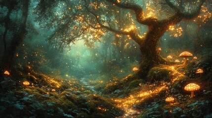 Enchanted Forest with Glowing Mushrooms and Soft Light Creating a Magical Atmosphere in a Mystical Woodland Clearing