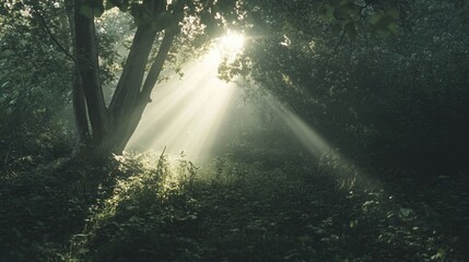 Obraz premium A tree is in the foreground of a forest, with sunlight shining through the leaves. The sunlight creates a warm and inviting atmosphere, making the scene feel peaceful and serene