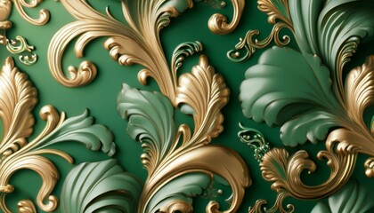 緑色と金色のダマスク柄の壁紙背景素材。AIで生成