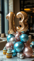 Fototapeta premium 13th Birthday Celebration Concept with Balloons, Cake, and Number 13