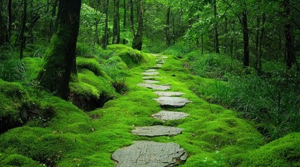Fototapeta premium A winding forest path covered in soft moss, leading through a dense green forest