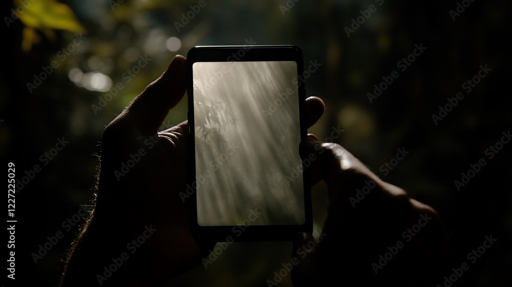 Poster capturing forest light with mobile phone camera in dark environment