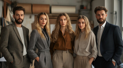 A group of five fashion designers, three women and two men, standing in a stylish studio with fabric rolls and sketches visible in the softly blurred background