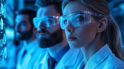A team of three scientists, two men and one woman, dressed in lab coats, standing in a futuristic research lab with holographic data displays in the background