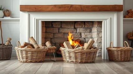 Cozy Fireplace with Wicker Baskets and Firewood - AI Photo