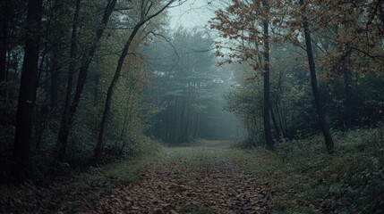 Obraz premium A forest path is shown in the dark with trees and leaves. Scene is eerie and mysterious