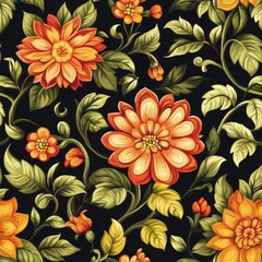 Seamless Orange and Gold Floral Pattern on Black Background - Vintage Botanical Illustration