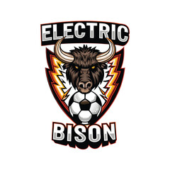 Generate an image of a bison, powerfully built, with vibrant electric blue bolts of energy emanating from its body.  Focus on detailed fur and intense eyes.