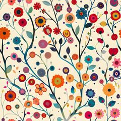 A colorful floral pattern featuring various stylized flowers and branches.