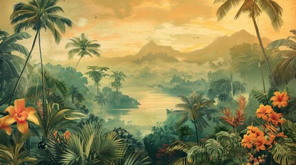 A tropical paradise with cascading waterfalls, rocky cliffs, vibrant foliage, colorful flowers, palm trees, and misty mountains, all illuminated by a warm golden sunset