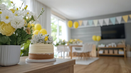 cozy baby shower theme featuring yellow and grey decorations, beautiful cake, and floral arrangements creates joyful atmosphere