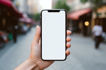 Woman holding smartphone with blank white screen outdoors in city street, blurred background