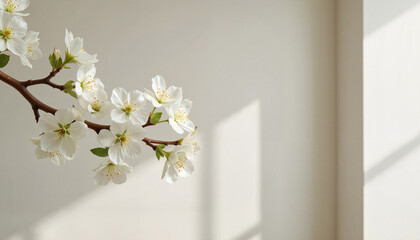 Lush blossoms branch against minimalist background, purity of nature