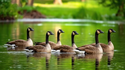 Obraz premium A group of geese swimming peacefully in a calm pond surrounded by greenery