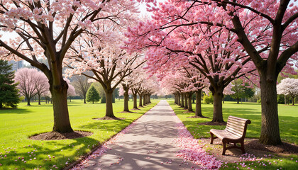 Fototapeta premium Serene pathway beneath cherry blossoms in park, tranquility scene