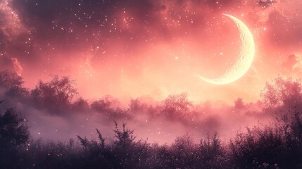 Fototapeta premium Crescent Moon over Misty Forest at Night