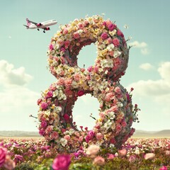 Obraz premium A stunning floral representation of the number eight surrounded by a vibrant flower field and an airplane overhead.