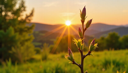 Fresh tree buds glowing at sunset, symbolizing new beginnings