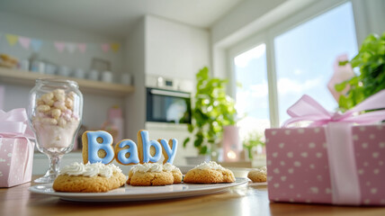 joyful scene with cookies and Baby sign in bright kitchen