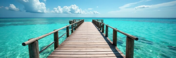 Rustic wooden footbridge crossing clear Caribbean water, tranquil, paradise