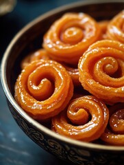 Fototapeta premium A bowl of doughnuts with a spiral shape. The doughnuts are golden brown and appear to be freshly made. The bowl is placed on a table, and the doughnuts are piled up in the center of the bowl
