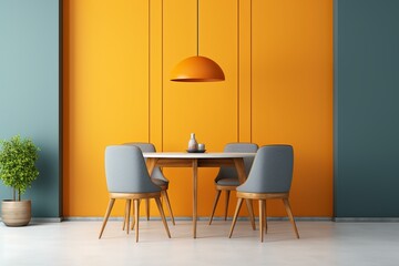 Stylish dining room interior design showcasing a round table, gray chairs, and a vibrant orange wall, creating a modern and inviting space