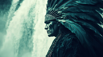 Obraz premium Native American man, headdress, waterfall backdrop, teal tones.