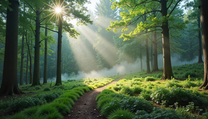 Serene forest path illuminated by morning light, nature's awakening