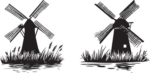 Silhouette of a windmill in a wetland field vector silhouette