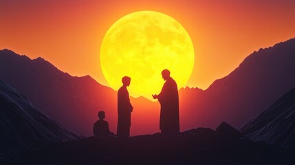 Fototapeta premium A man and a woman are standing on a mountain top, with a large yellow moon in the background