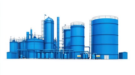 Industrial facility featuring large blue storage tanks and pipelines against a white background