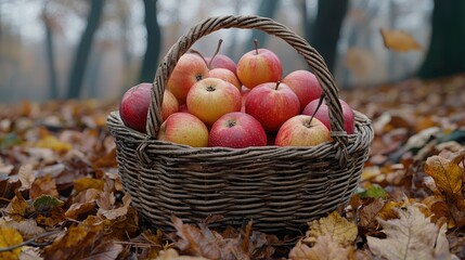 Autumn Apples in a Woven Basket Among Fallen Leaves
