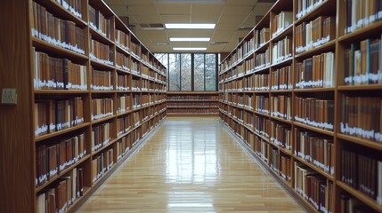 Long library aisle with bookshelves.