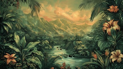 A tropical paradise with cascading waterfalls, rocky cliffs, vibrant foliage, colorful flowers, palm trees, and misty mountains, all illuminated by a warm golden sunset.