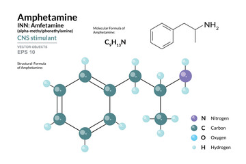 Amphetamine. Structural Chemical Formula and 3d Model of Molecule. C9H13N. Atoms with Color Coding. Vector graphic Illustration for educational materials, scientific articles, and presentations