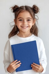 Obraz premium Happy Girl Holding a Blue Book with a Bright Smile