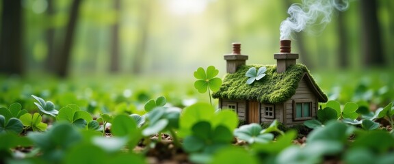 Charming tiny leprechaun house with moss and four-leaf clovers in a lush green forest, magical St. Patrick's Day concept.