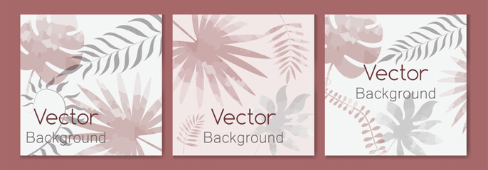 Summer backgrounds with tropical palm leaves. Texture in pink and grey. Jungle and beach theme. Editable vector template